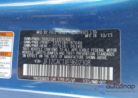 2014 Subaru Brz Limited from USA, damaged, VIN JF1ZCAC1XE9602308